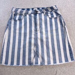 White Birch Denim Mini‎ Skirt Womens XL Blue White Striped Raw Hem Mini Nautical